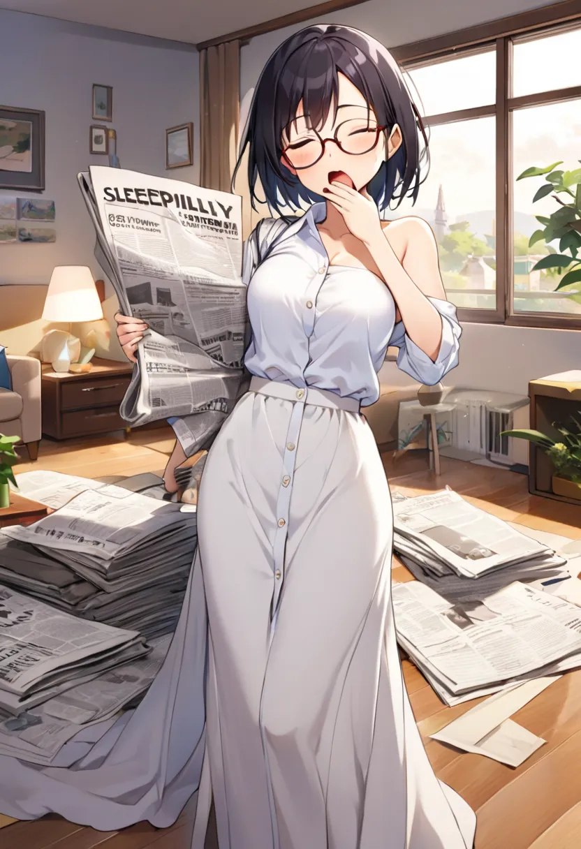 (A girl wearing a long dress shirt,glasses,one shoulder sagging, one eye closed, sleepily yawning with her hand over her mouth, and holding a newspaper in one hand:1.4),black short hair,glasses,bare shoulder,cleavage,cutout,living room,early  morning,score...