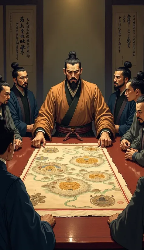 In a dimly lit, stately room during Japan's Heian period, a group of government officials wearing topknots sit around a long, polished wooden table, where a detailed map of the demon realm is spread out, as a steely-faced samurai raps the table.