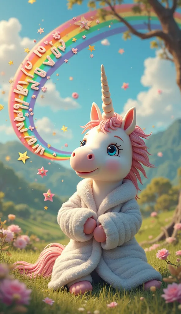 A unicorn in a dressing gown, that sneezes a rainbow, with " say good morning" In colorful letters.