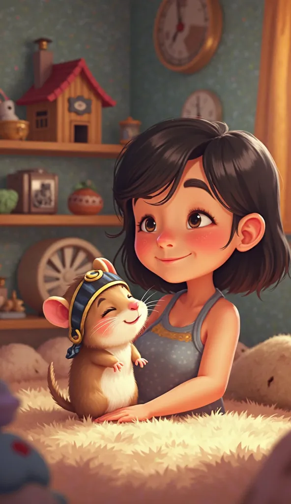 A cartoon-style scene showing Laura, with a warm smile, gently stroking the head of her tiny hamster, Takeshi. Takeshi, wearing his small samurai headband, looks up at Laura with his adorable, content expression as he enjoys the gentle petting. His tiny ey...