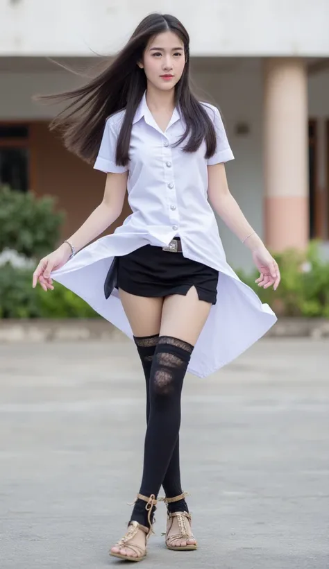 A beautiful student girl wearing a student dress, a strong wind, a miniskirt pressed with open petals, spotted in black pants, pretty legs.