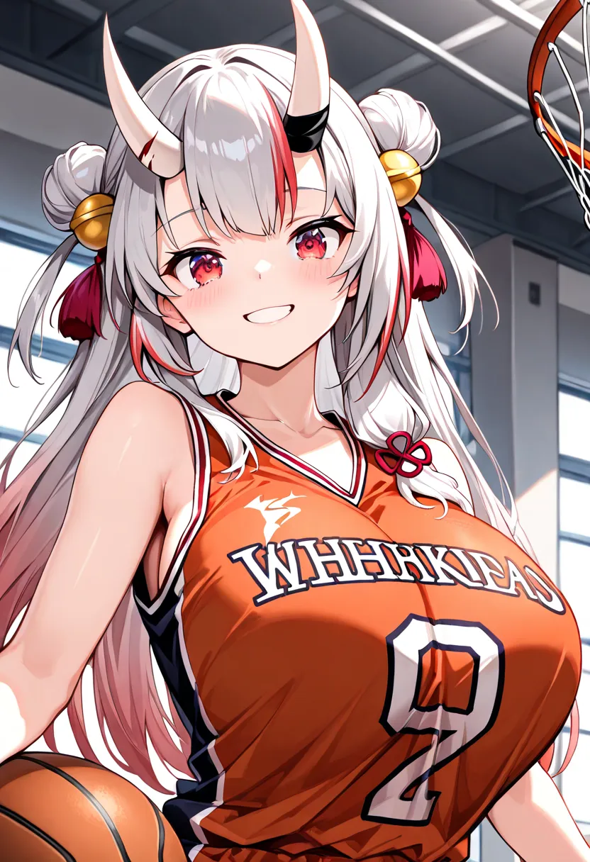 (Highest quality , 8k , masterpiece , incredibly absurdres , perfect body , super detailed skin , highly detailed eyes and face , 1 woman ) ,  nakiri ayame , Silver Hair , red eyes , demon horn , smile ,  will be happy , ( basketball uniform , gym : 1.2 ) ...