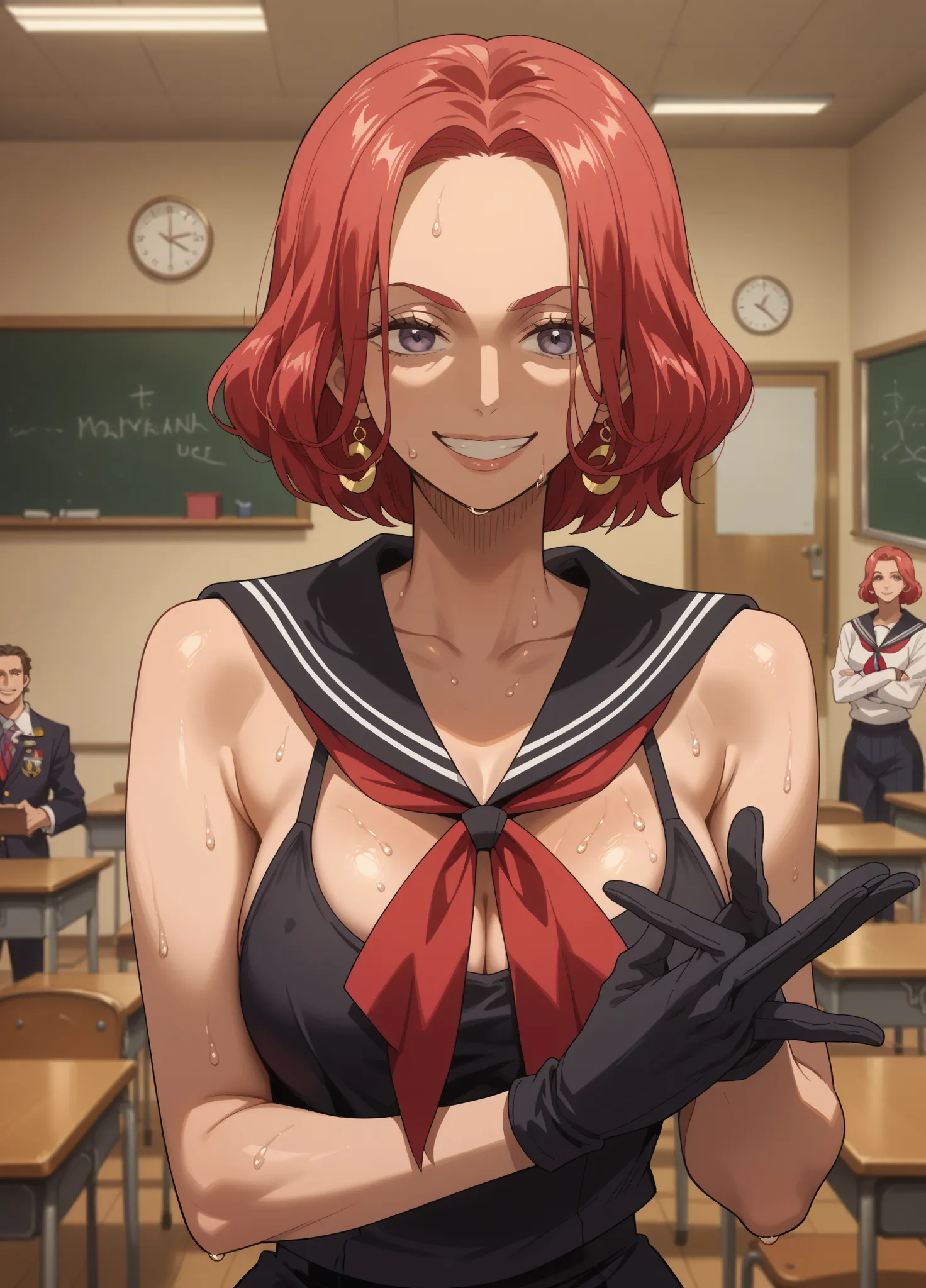 masterpiece,Highest quality,Baccarat, Black gloves,(((40 years old))),(( aunt)),(( very sweaty ),Chest Hold,sailor suit, Wicked Smile ,赤い髪,classroom,anime