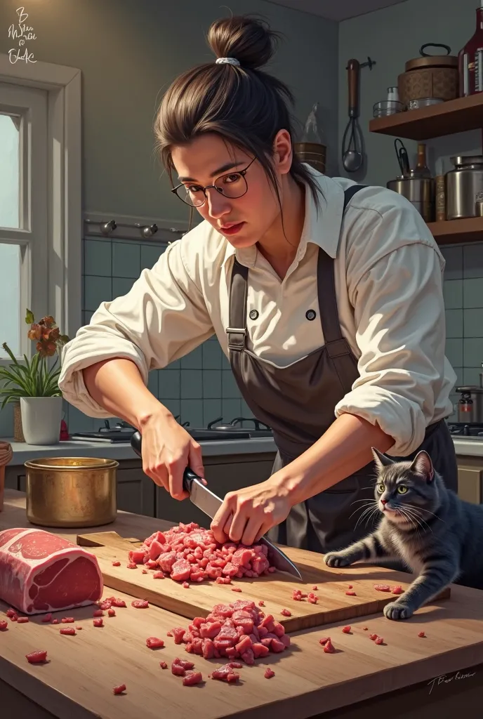 With the help of a cat, the meat is cut and later the meat is divided into small pieces