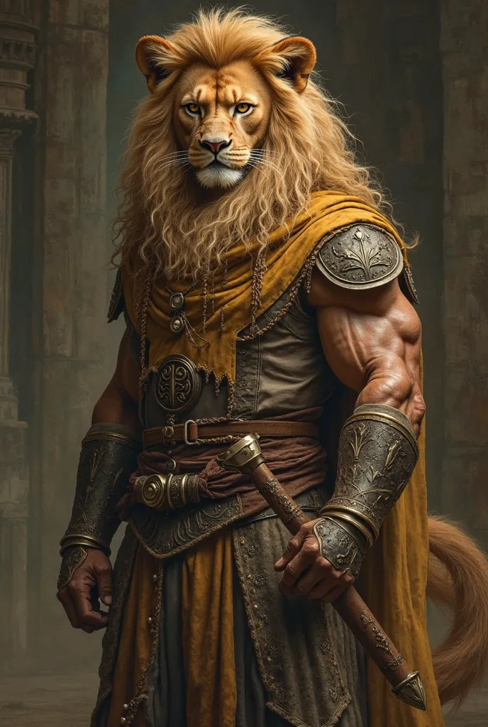 A tall, strikingly handsome man with the powerful presence of a lion. His golden mane cascades down his back, blending seamlessly with his wavy hair, and his piercing amber eyes gleam with both wisdom and untamed ferocity. Sharp, feline-like features give ...