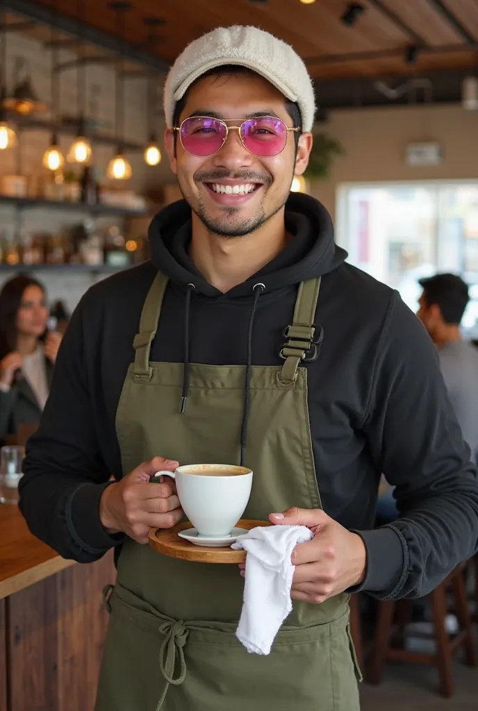 A handsome, plump young barista with fair Asian skin, wearing a black hoodie, an olive green apron, a white Tuque hat, and pink sunglasses. His right hand holds a tray with a cup of coffee, and his left arm hangs a white cloth to wipe the table, politely a...