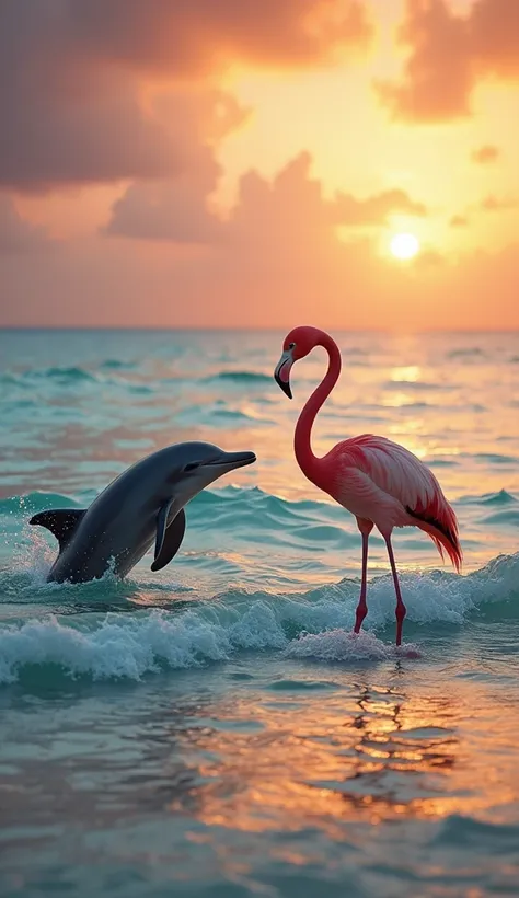 A breathtaking tropical lagoon at sunset, with warm hues of orange, pink, and purple reflecting on the crystal-clear water. A sleek, playful dolphin leaps out of the ocean, its smooth body shimmering in the golden light. Nearby, a tall and elegant flamingo...