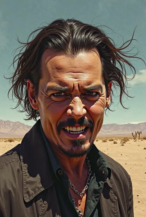 Illustration of Johnny Deep with the outfit of fear and disgust in Las Vegas placed in the middle of the desert and without a background