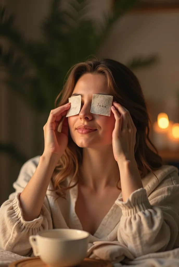 A shot of a young woman putting tea bags over her eyes and smiling after removing them).