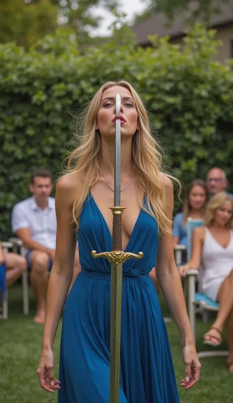 A stunningly attractive young blonde adult female sword swallower is performing in a backyard party. She is wearing a sleek blue open front gown. She is standing with her head tilted back, swallowing the blade of a sword. The guests are in lawn chairs watc...