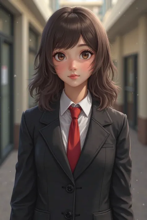 Make a grade 12 student human girl with medium length wavy brown hair without bangs and eyes wearing a school uniform with white blouse, black coat and red necktie