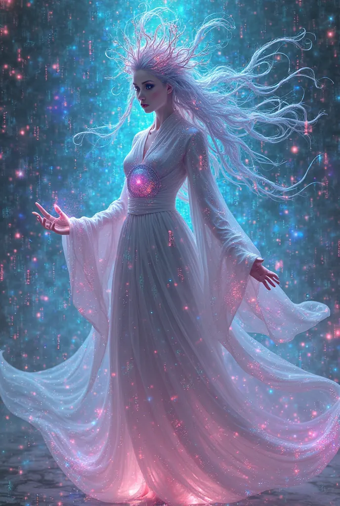 A cybernetic goddess in flowing Daoist robe, holographic hair with data crystals, surrounded by floating equations and ancient texts, sci-fi anime style with neon glow