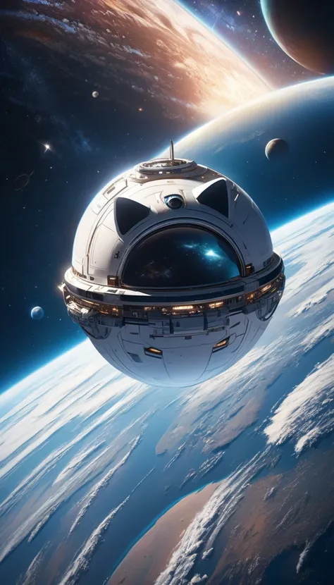 (masterpiece), (ultra-detailed:1.3), best quality, clear focus, dramatic scene, cinematic, shadow, (ultra-high resolution:1.3), (8k:1.3), intricated white colored cute cat shaped spacecraft, flying in space, amazing view of the earth and planets with milky...