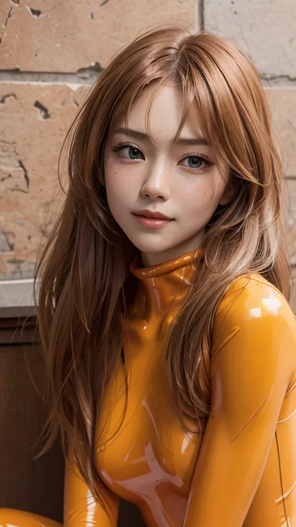   Perfect and dynamic composition of Shikinami Asuka Langley  ,   Beautiful Beautiful Woman ,   ORANGE LATEX BODYSUIT  、   knee-high boots  、face-closeup、
Huge 、   long brown hair、Sparkling,    oily skin、 growing skin 、   white skin、Flying debris,    best ...