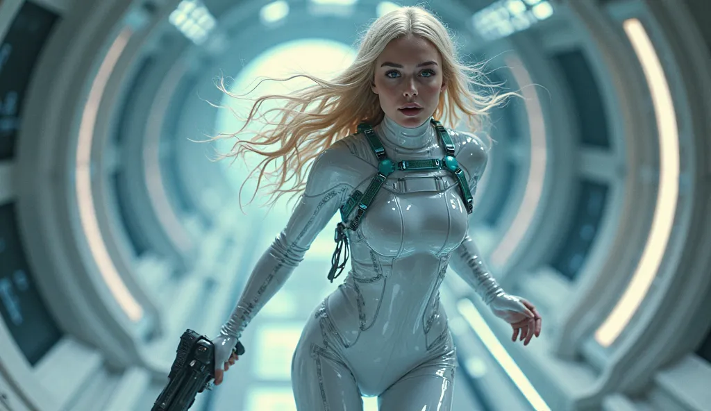 ((Beautiful realistic blonde woman full body with loose hair reptile skin in a realistic futuristic space station)), ((running and wielding a laser gun.)), ((shiny control surfaces)), ((science fiction circle on the head)), weightless & floating, (photorea...