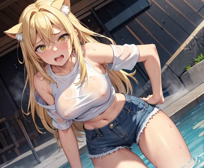 masterpiece,best quality,1girl,(mature female),,blonde hair,yellow eyes,hair ornament,center opening,navel,midriff,denim shorts,((sweat,sweatdrop,steaming wet 
body)),looking at viewer,sunlight,(dutch angle),scared expression
Cat ears. 18 years old girl, t...