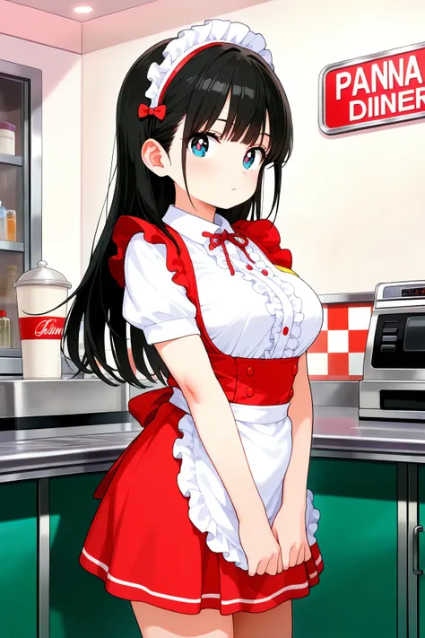 No background, medium long shot, Girls' Front, female girl, 20 years old, chubby, long hair blown up, detailed black hair, large breasts, pastel pink pupils, white frilled shirt with center frills.
She wears a retro-style American diner waitress uniform in...