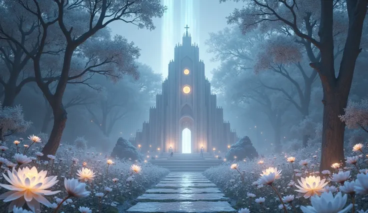 
Fantasy temple with peaked towers of white light color, the temple has 3 small balls of precious white light in the upper part,  at night,  clear sky con la White Aurora Borealis de color blanco,  3 very large white roses,  at night, 7 white water lilies ...