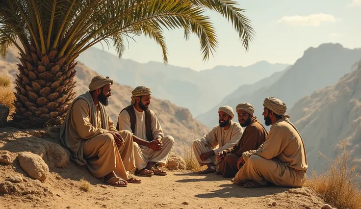 
"Five to six men, dressed in worn, traditional Arabic clothing, were traveling along a mountainous path when they stopped to rest under a date palm tree. They sat together, deeply troubled, conversing with one another.