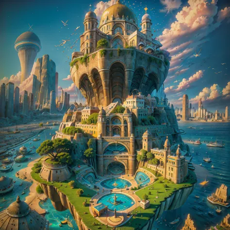  ( surrealism ) a Fanciful Scene、A 1900s City Floating in the Air、A 1960s Town Sinking to the Sea, Non-Euclidean Geometry, and {x} and a fantastic abstract sitar , Confused Chaos, Spiritual and Sacred , photorealistic, 8k, Super Detail, Dramatic Lighting, ...