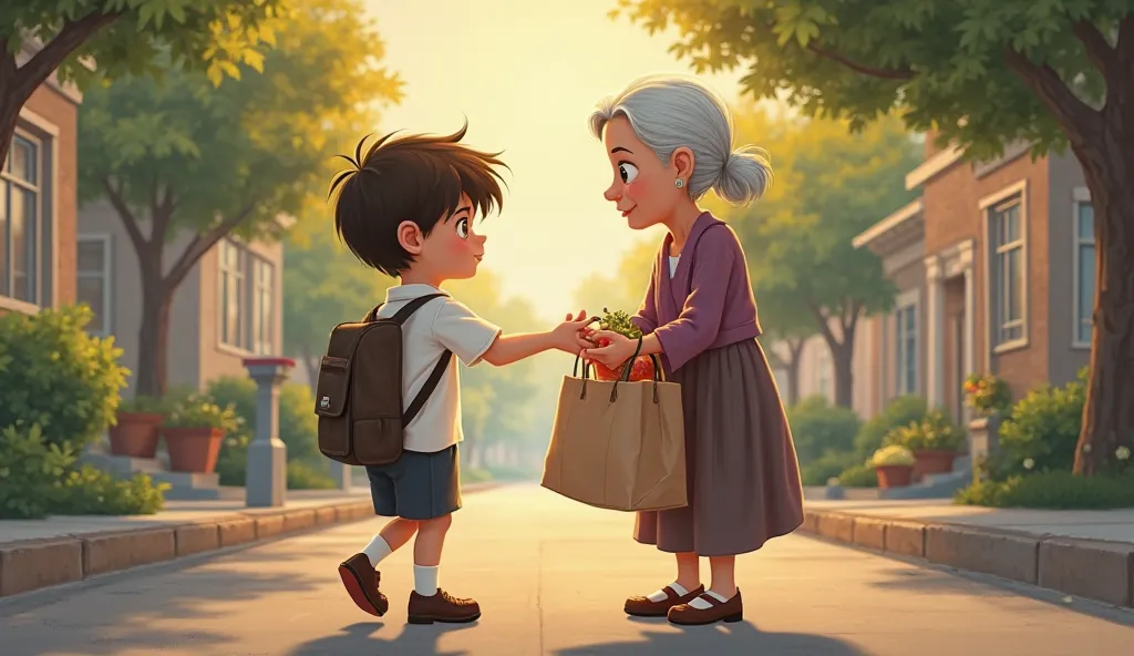  One day , while walking home from school, he noticed an old woman having trouble carrying her heavy shopping bag.