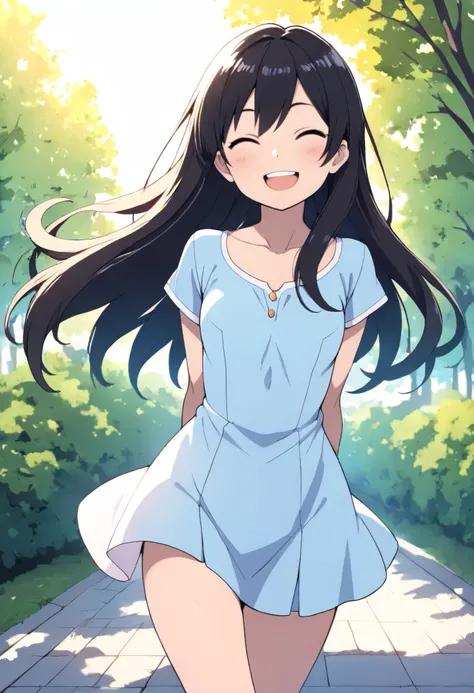 (masterpiece, best quality, ultra detailed, illustration), anime girl, cute, solo,  short dress, black hair, long hair, smiling, bright smile, happy, detailed eyes, detailed face,  (dynamic pose:1.2),  outdoors, sunlight, soft lighting, vibrant colors, bea...