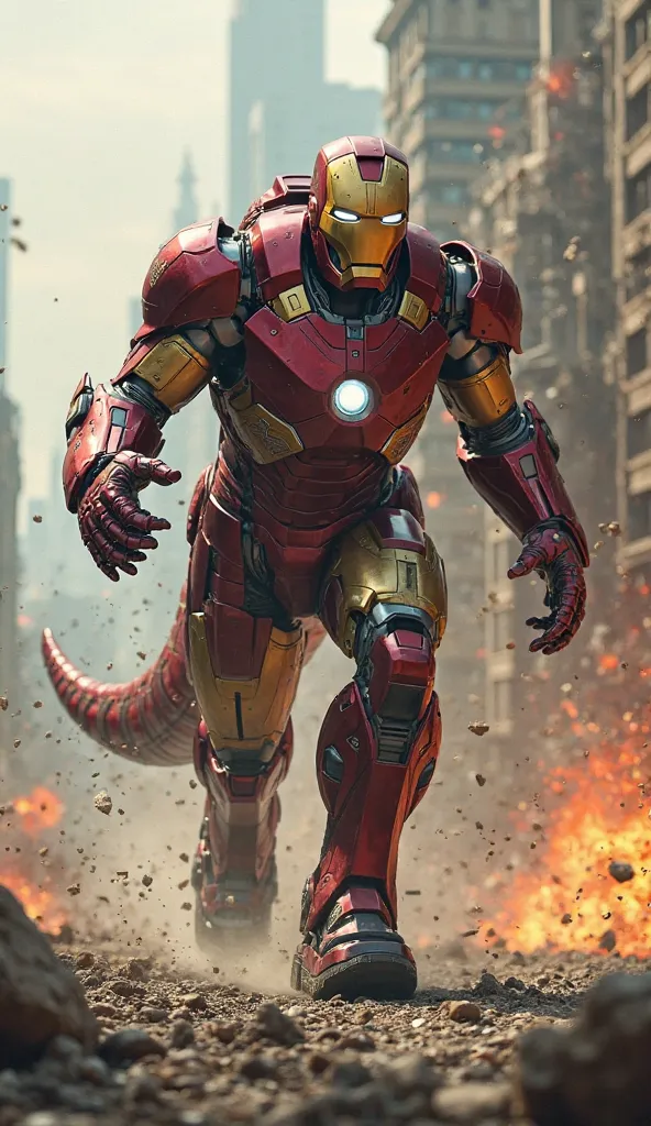 Imagine Iron Man’s armor fused with the power of a T-Rex. His suit is massive, with armored scales resembling dinosaur skin. His legs are powerful, built like the sturdy, muscular limbs of a T-Rex, and his arms end in claws. The background shows a post-apo...