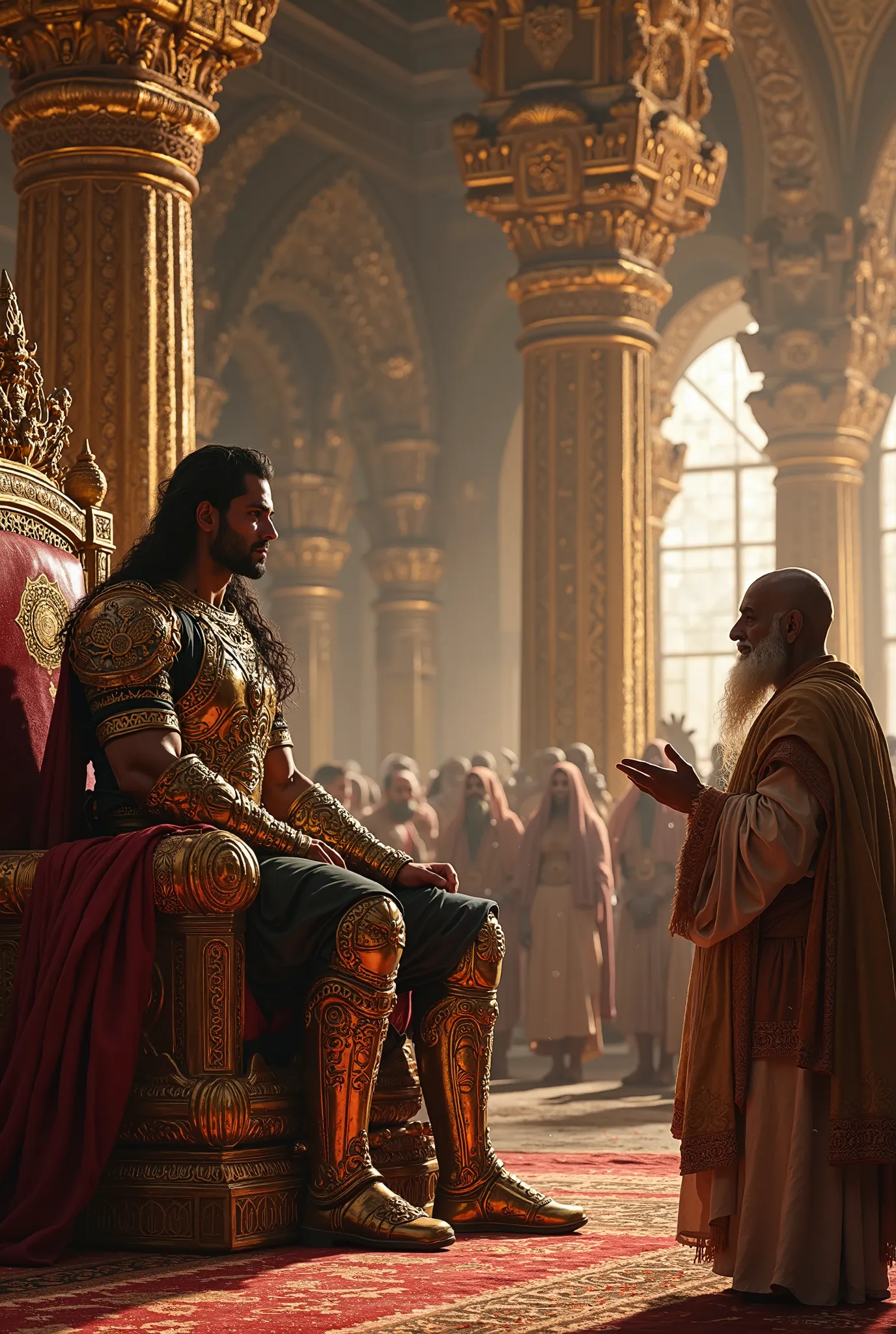 "A grand ancient palace hall with opulent decor, golden pillars, and ornate carvings. King Ambrish, a tall and regal figure in royal armor adorned with intricate gold detailing, sits on a majestic throne. He has a strong build, with a chiseled jawline, dar...