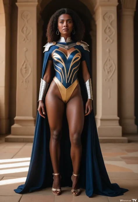 ((instagram photo)) Full body photo of a beautiful 28 year old girl. ((African woman superhero costume)) strong ((girl boss)) fierce in a ((Game of Thrones TV series and fictional city of Westeros)) (very detailed skin:1.2) 8k UHD, digital SLR camera, soft...