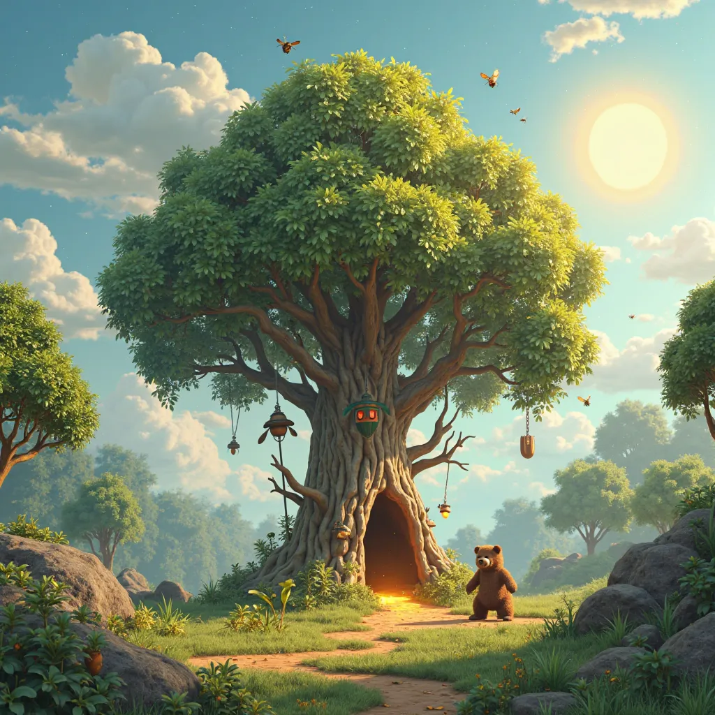 A clearing in a fairy forest, on which stands a huge, ancient tree with a lush crown and a nest of wild bees at the top, and a large hollow that magically glows below. A small brown bear climbs a tree pole for honey. There are white clouds in the sky and a...