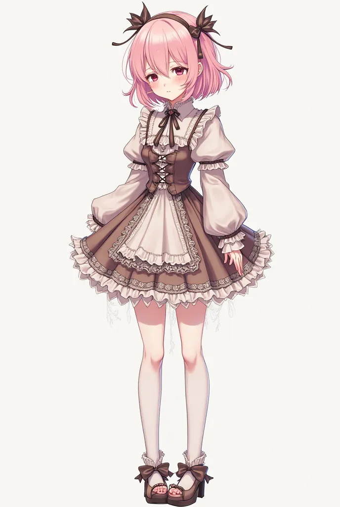 shy tired anime girl full length with pastel pink hair, with hairpins. in unusual detailed clothes with unusual and heels. in style neddy girl overdose