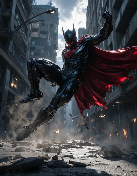 {{A ((dramatic)) depiction of {((a powerful hero landing from the sky, with debris and dust swirling around their feet))}}} with {((the hero's cape billowing dramatically, strong pose, and clenched fists))}. This is a {((cinematic realism))}-inspired image...