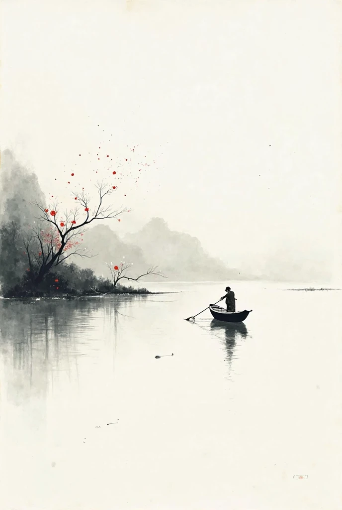 Chinese ink painting style, minimalist composition: single black-inked boat floating on empty white river, tiny silhouette of stooped fisherman in straw cloak, abstract snowflakes rendered with splashed-ink technique, faint grey mountain轮廓 in distance, vis...