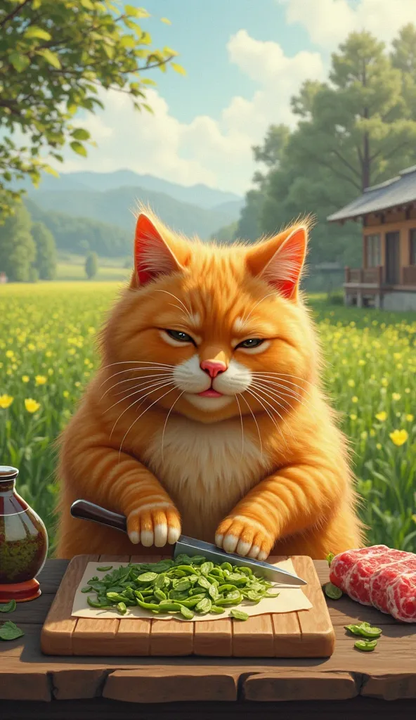 A chubby, fluffy orange cat with human-like posture and expression, tongue sticking out in concentration, carefully slicing mustard greens and beef into thin pieces on a worn wooden cutting board with a small sharp knife, a peaceful rural landscape with a ...