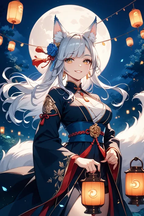 and a mysterious white fox girl with fluffy ears and a long, graceful tail、wears a dark and elegant kimono with silver and blue accents。Her golden eyes shine softly in the moonlight、with a gentle and mysterious smile influenced by anime。The background depi...