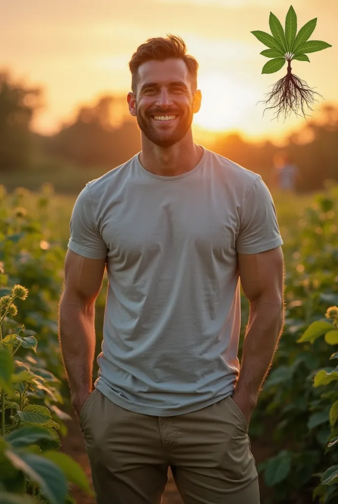 A confident, energetic man in his mid-30s to 40s, standing in an outdoor setting at sunrise, looking strong and full of vitality. In the background, soft golden light shines through a lush herbal plantation, symbolizing the natural power of Enkleia Thoreli...