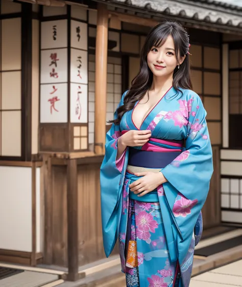 8k, photorealistic, 45 years old, MILF, female, mature atmosphere, cute, baby face, round face, shy smile, {chubby, plump, big ass, round belly, double belly, bunk belly, chubby}, cleavage, (((Japanese kimono, colorful))), breast, colorful}, outdoor, old K...