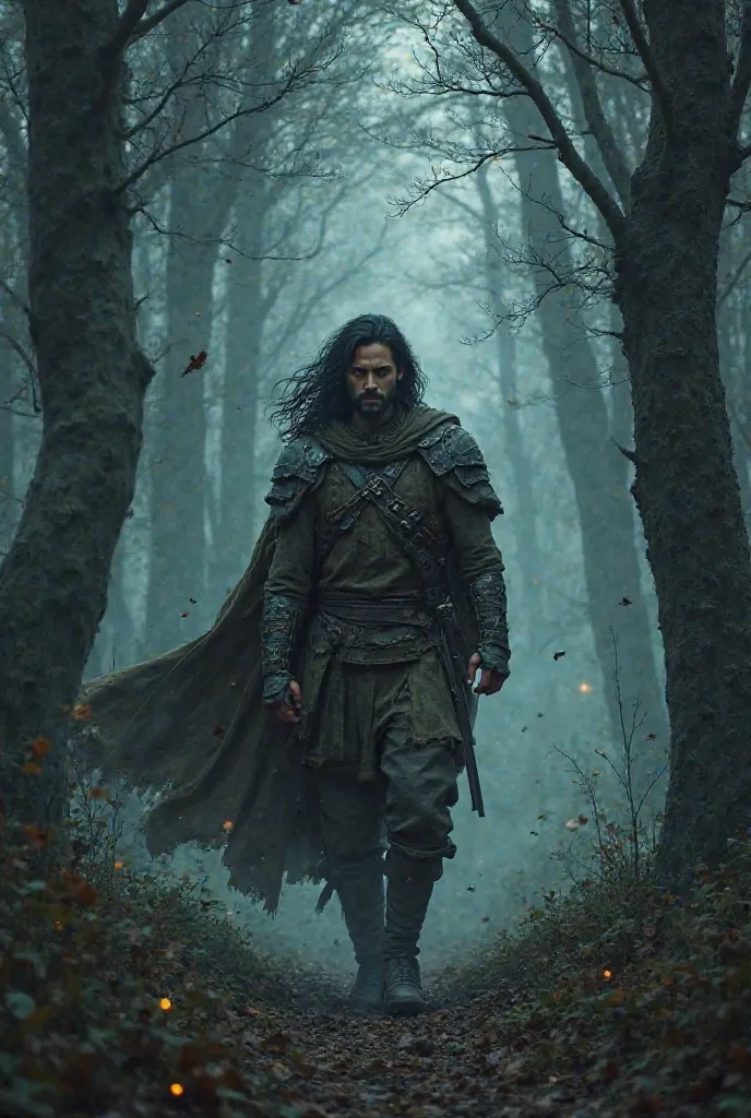 "A dense forest with thick trees and mist swirling around. King Ambrish, wearing rugged travel attire over his royal armor, walks through the forest, his sword drawn and his face determined. His tall, muscular frame stands out against the eerie background....