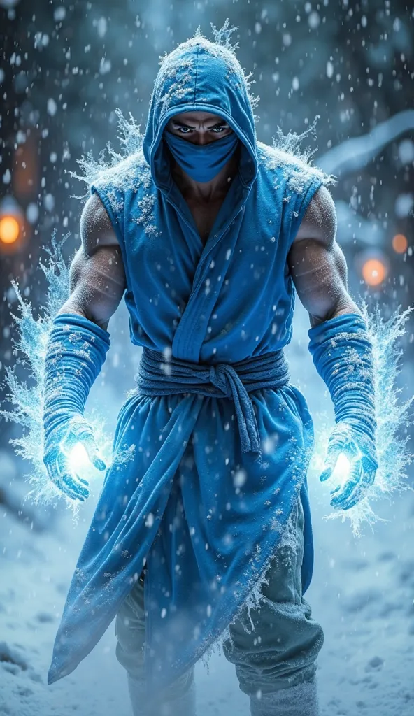 A cinematic transformation of a man in simple clothing turning into Sub-Zero from Mortal Kombat. Ice begins to form around his body as his blue ninja outfit materializes. His hands glow with freezing energy, and frost spreads across the environment. Highly...