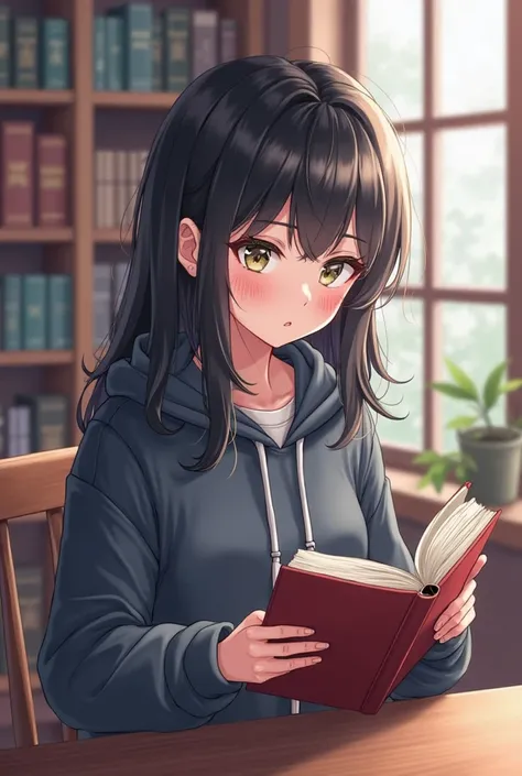 anime girl reading a book in a library with a window, anime visual of a cute girl, anime best girl, black haired girl wearing hoodie, young anime girl, anime visual of a young woman, anime style 4 k, anime moe artstyle, an anime girl, portrait of an anime ...