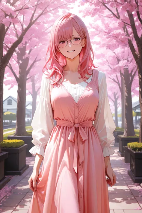 maxi dress,pink hair,smile,Japan,cherry blossoms,Glasses,(((whiplash))),long hair,Big Breasts,Married Woman,clothed