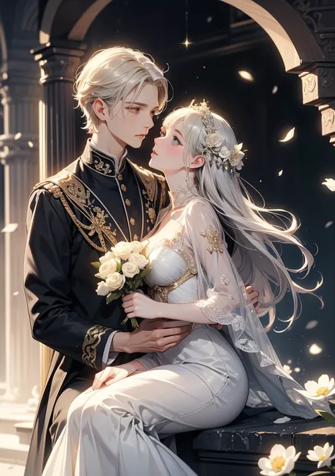 Highest quality。detailed description。Castle garden 。woman sitting on man's lap is kissing man's forehead、((One adult man and one adult woman))。Men have short light blond hair and fresh green eyes、((light blonde with male short hair))、 cool and impressive a...