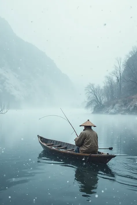 A desolate winter river scene, an old fisherman wearing straw raincoat (suo) and bamboo hat (li), sitting alone on a small wooden boat, fishing rod in hand, cold mist rising from dark blue icy water, heavy snowflakes falling silently, barren snow-covered m...