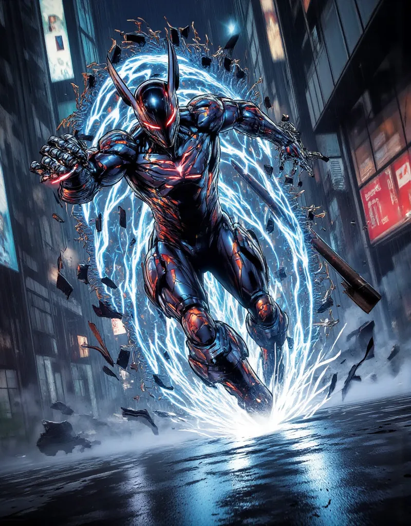 {{A ((stylized)) depiction of {((a heroic figure landing from a dramatic leap, one knee down, one fist smashing into the ground))}}} with {((electric energy crackling around the hero's body and a shockwave spreading outward))}. This is a {((comic book illu...