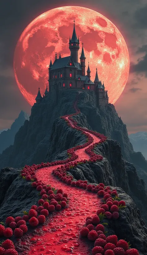 Dark fantasy, gothic castle on top of a mountain against the background of a huge round pancake pancake, and raspberries, path made of raspberry jam, Highly detailed, Hyperrealistic , cinematic lighting,  dark background, a fantasy, leading to it, hyperrea...