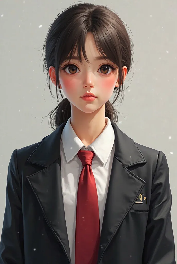 Make a grade 12 student and wearing a school uniform with white polo, black coat  red necktie