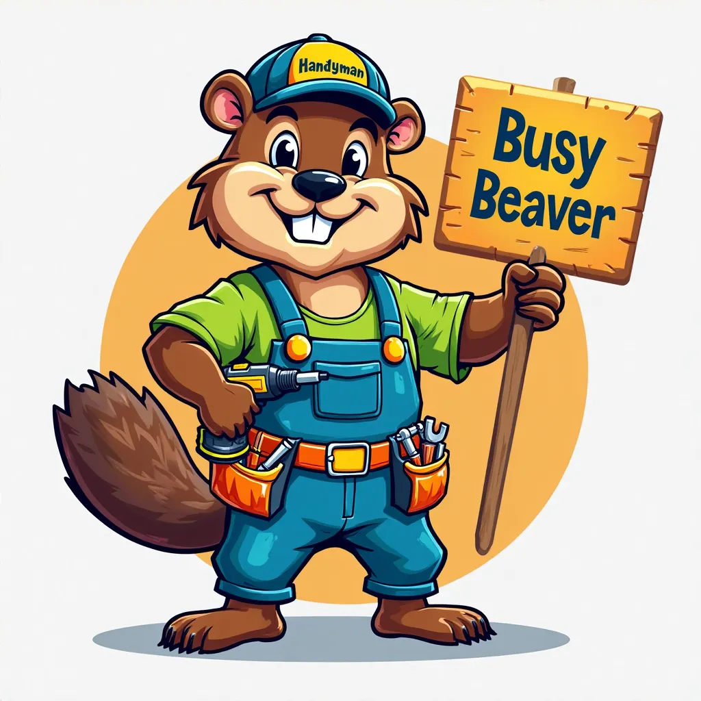 Create a cartoon-style character: a friendly handyman beaver mascot for 'Busy Beaver' Handyman Service. The beaver has a warm, welcoming smile and a cheerful demeanor. He’s wearing a bright, colorful work jumpsuit (vibrant blue or green with contrasting ac...