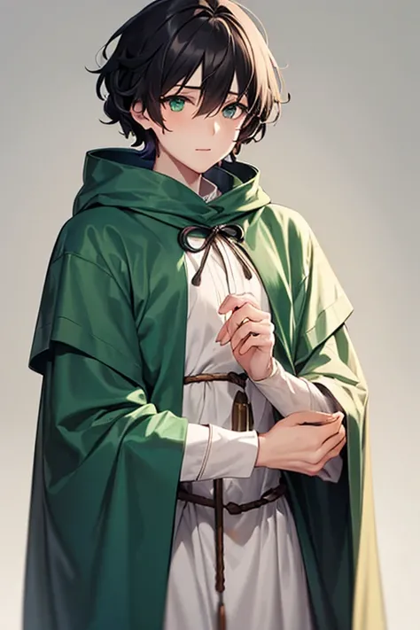  ; kind; Male; 1,50 m; slanky and slim; curly black hair with a green strand; a light blue and a green eye; pale skin;  red cheeks;  rosy lips ; Calm expression; relaxed appearance ; hello, slightly worn robe with wide hood; medieval simple.