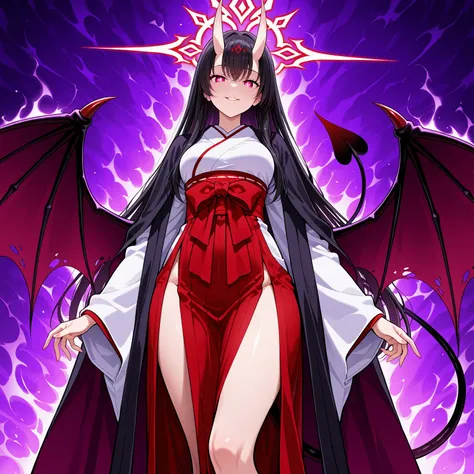 Extraordinarily beautiful shrine maiden wearing a sacred, traditional kimono shrine maiden outfit that fully covers her body cover the parts of the body that arouse lust yet is form-fitting due to overwhelming demonic sexual energy, clearly accentuating he...