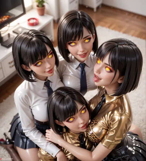 4 girls,   in extremely tight-fitting ,    shiny gold latex polo shirt, bob cut,    black hair  ,  reflection ,    reflecting light  ,   high resolution ,   masterpiece ,   are in the apartment and are sitting in front of the television, frightened,  glowi...